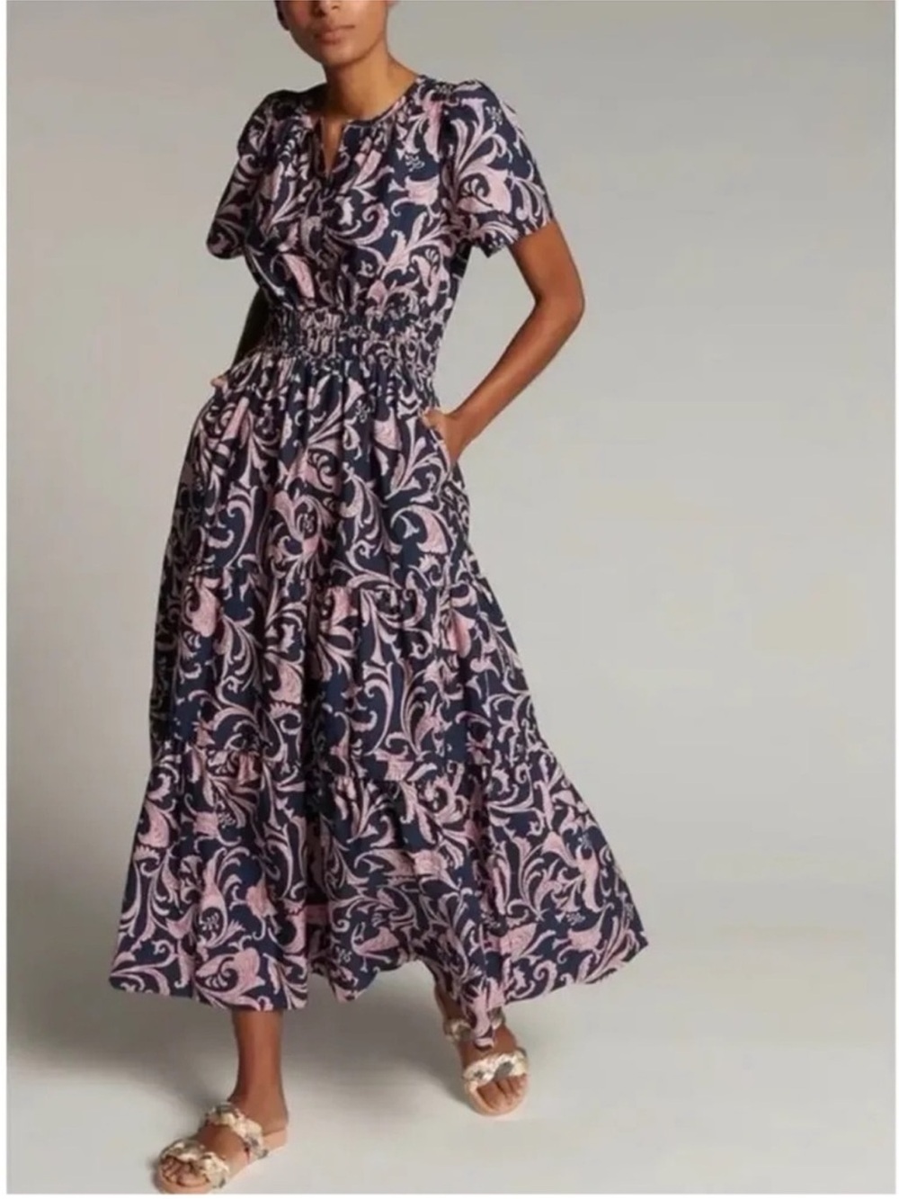 Anthropologie somerset Navy Maxi Dress with Pink Floral Scrolls
